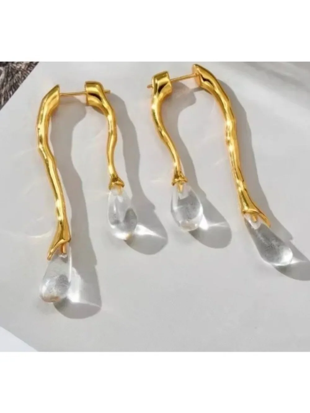 Gold Tone Sculptural Teardrop Drop Earrings Clear Lucite Alexis Bittar Inspired